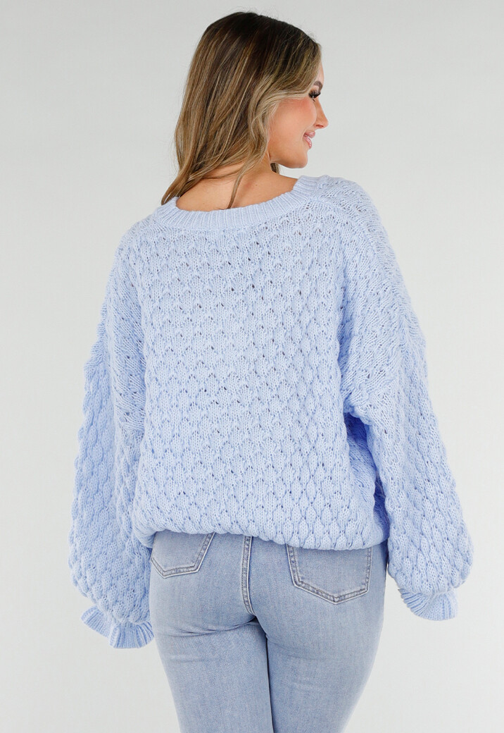 Lichtblauwe Gebreide Trui met V Hals