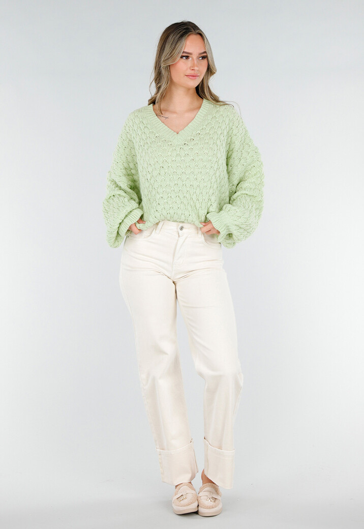Mintgroene Gebreide Trui met V Hals