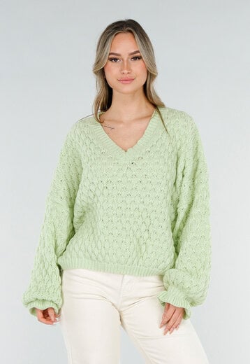 Lichtgroene Gebreide Trui met V-Hals