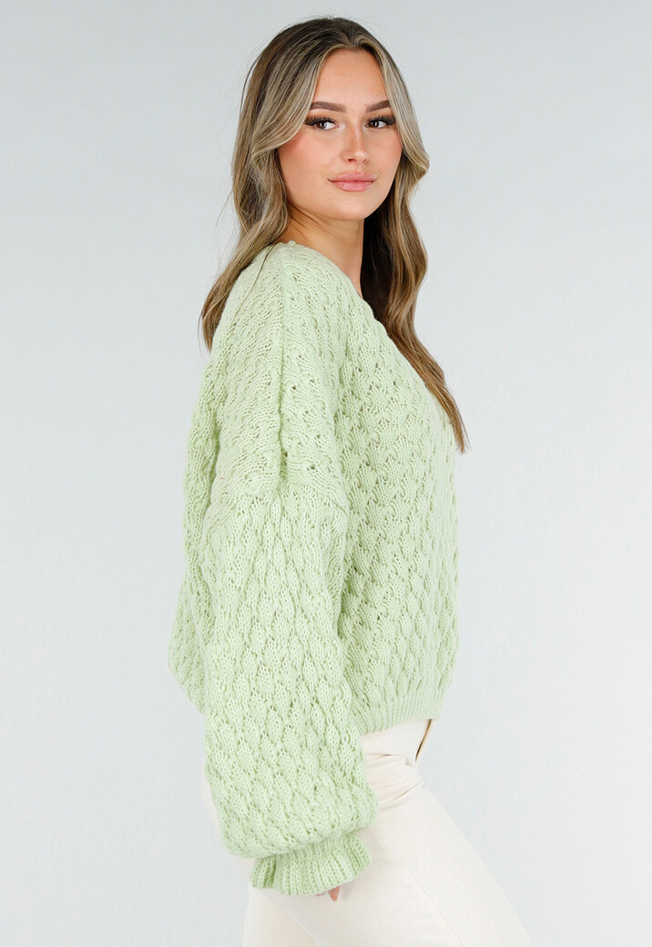 Mintgroene Gebreide Trui met V Hals