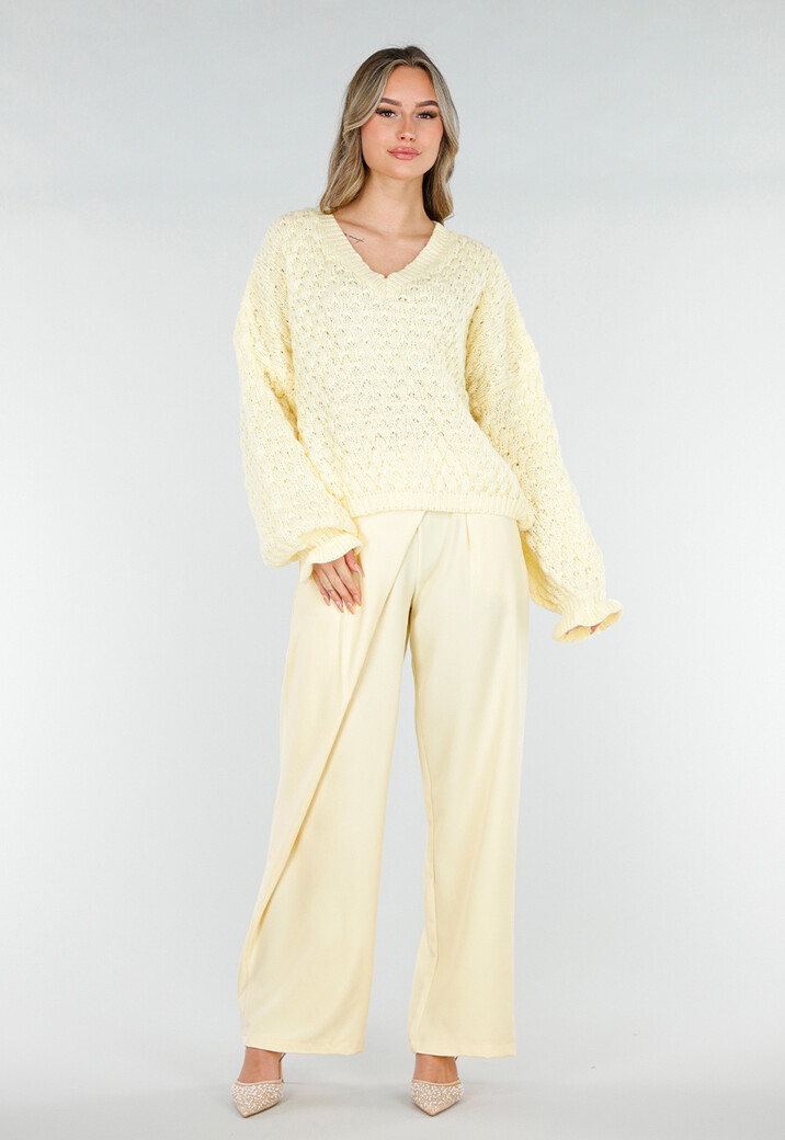 Lichtgele Gebreide Trui met V Hals