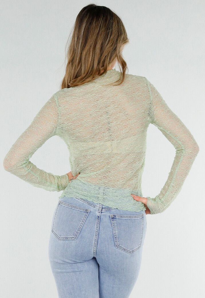 Mintgroene Kanten Top met Lange Mouwen en Stretch