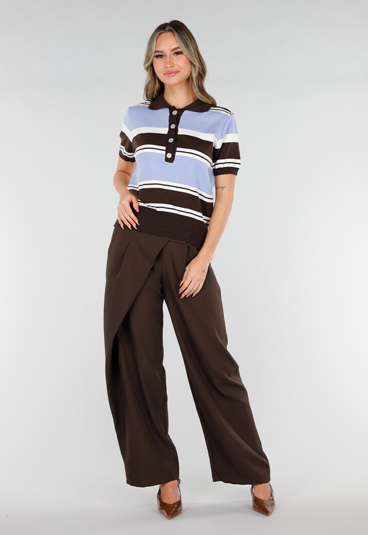 Gebreide Polo Top in Blauw en Bruin met Stretch