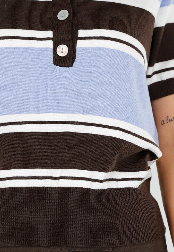 Gebreide Polo Top in Blauw en Bruin met Stretch