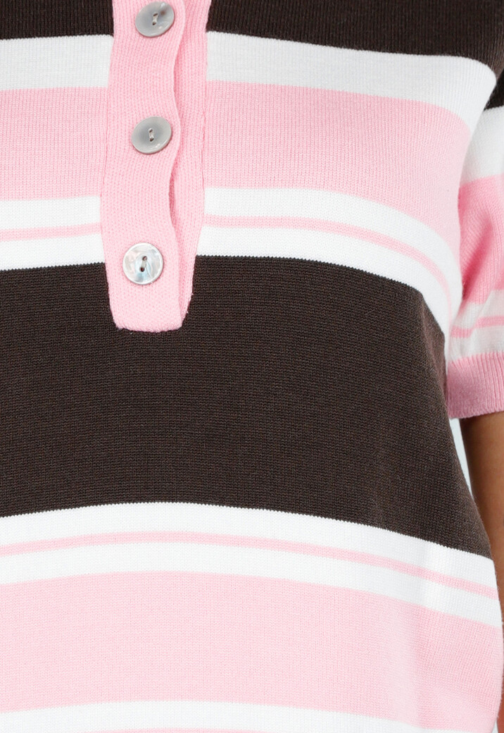 Gestreepte Gebreide Polo Top in Roze en Bruin
