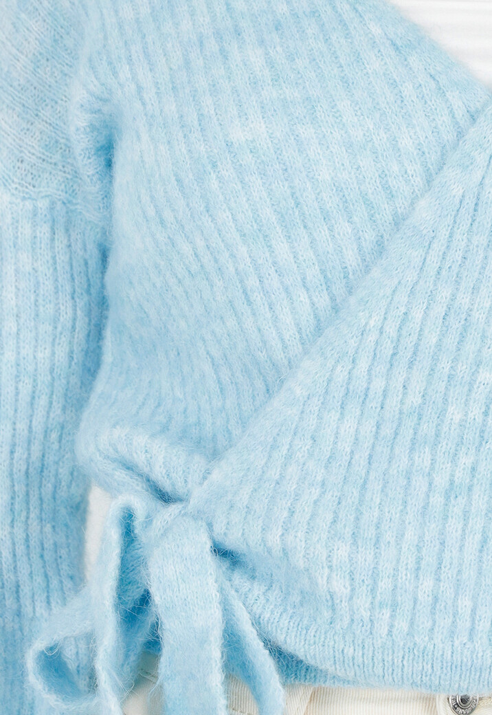 Lichtblauwe  Wollen Wikkel Trui met Strikdetail
