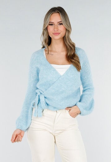 Lichtblauwe Wikkel Trui met Strikdetail