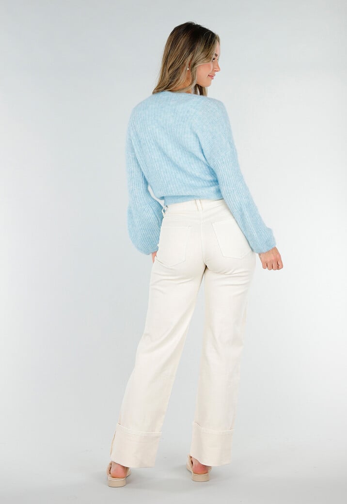 Lichtblauwe  Wollen Wikkel Trui met Strikdetail