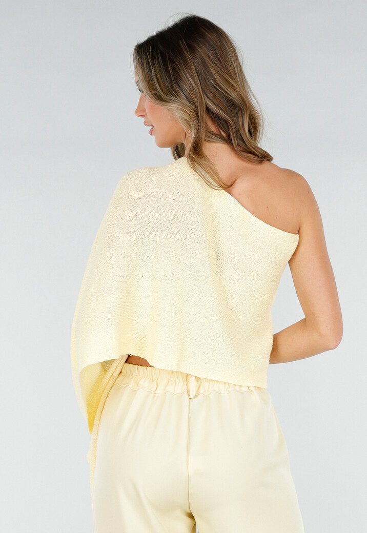 Pastel Gele One Shoulder Top met Wijde Mouwen