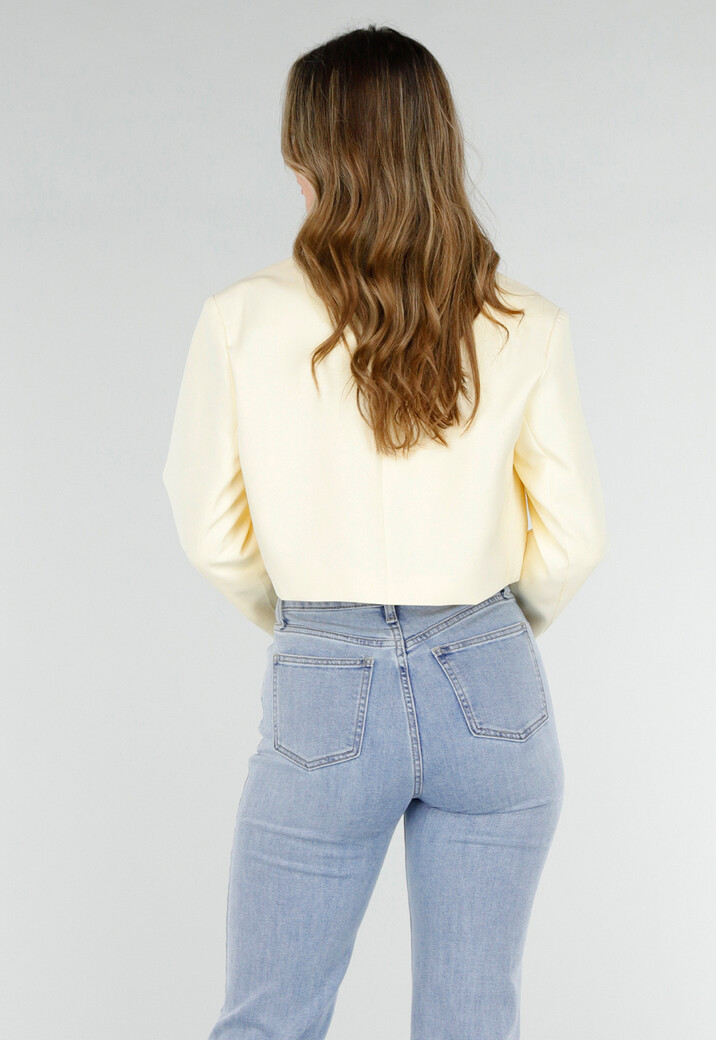 Butter Yellow Cropped Blazer met Gouden Strass Knopen