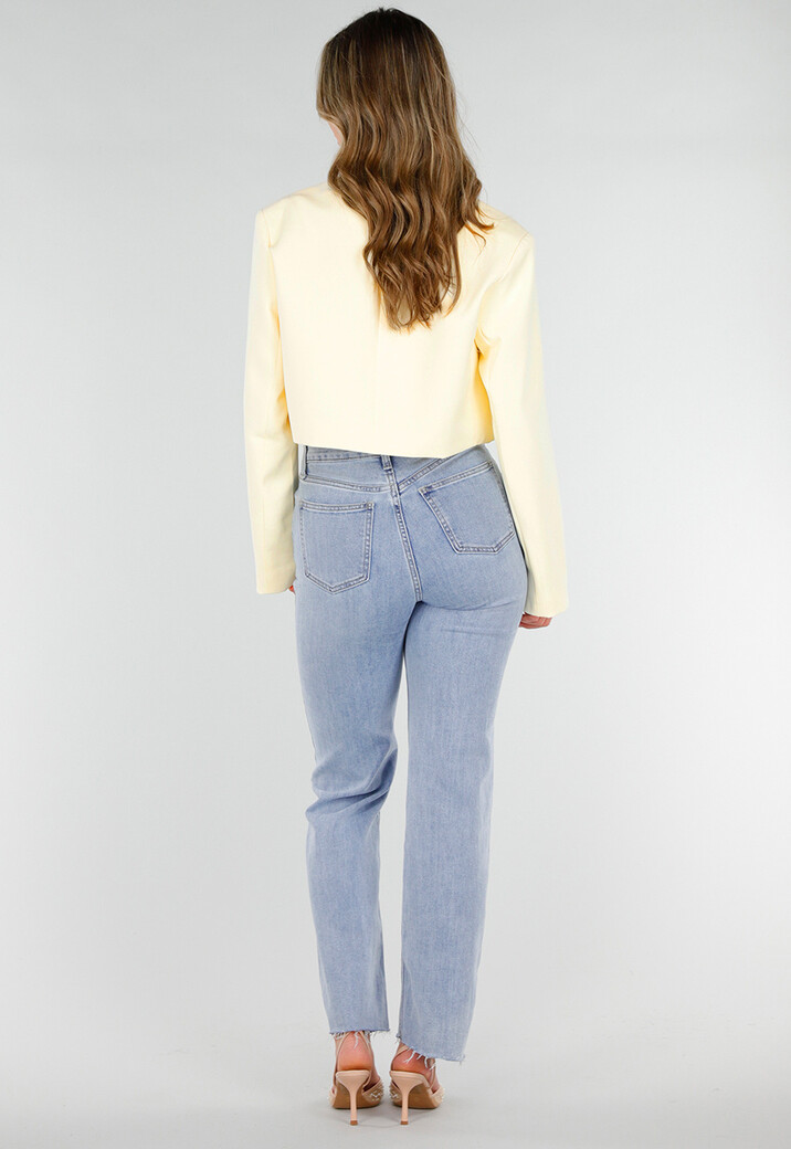 Butter Yellow Cropped Blazer met Gouden Strass Knopen