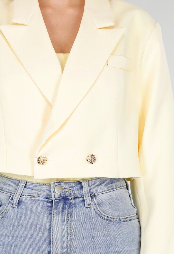 Butter Yellow Cropped Blazer met Gouden Strass Knopen