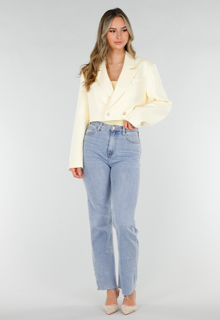Butter Yellow Cropped Blazer met Gouden Strass Knopen