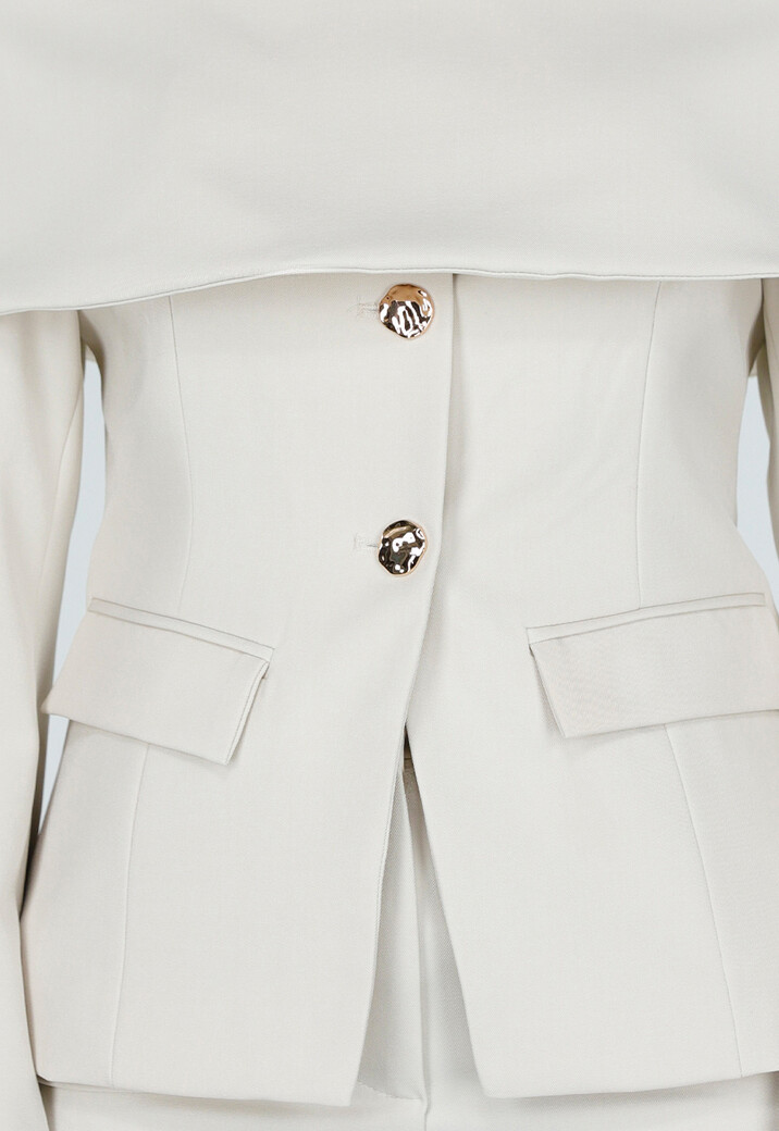 Beige Off Shoulder Blazer met Goudkleurige Knopen