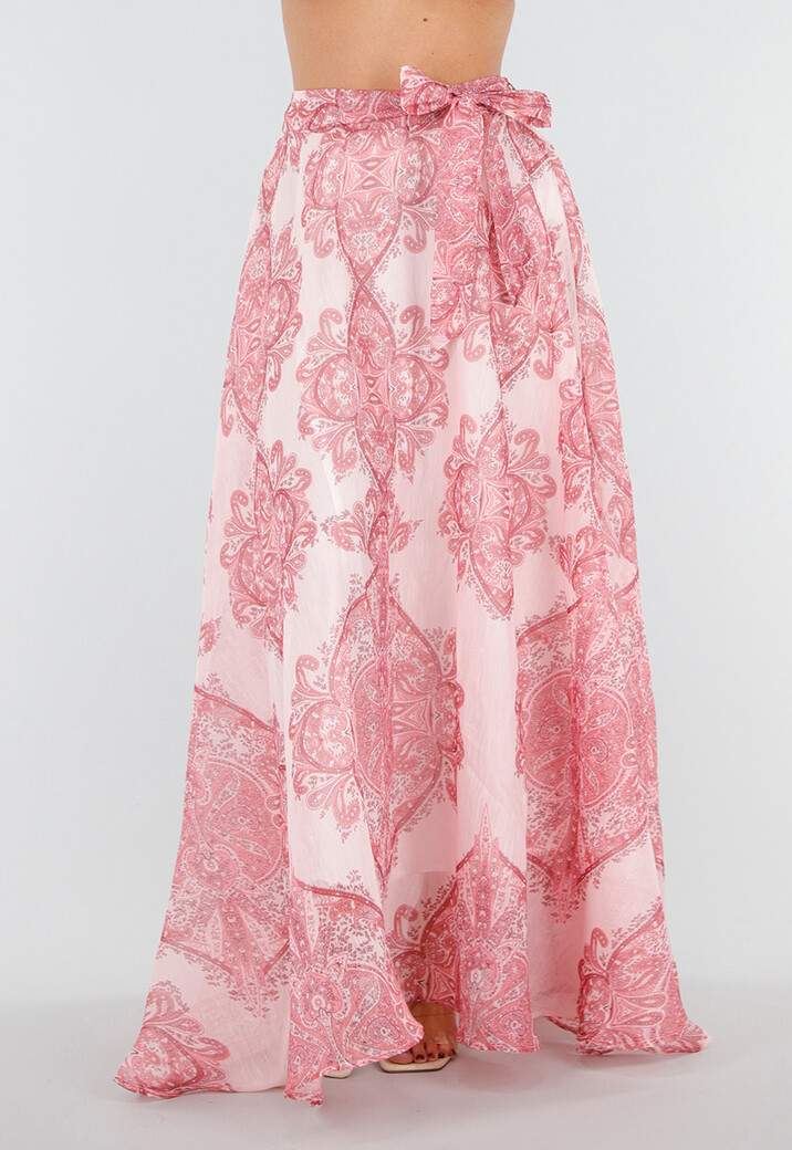 Roze Maxi Rok met Paisley Print en Strikceintuur