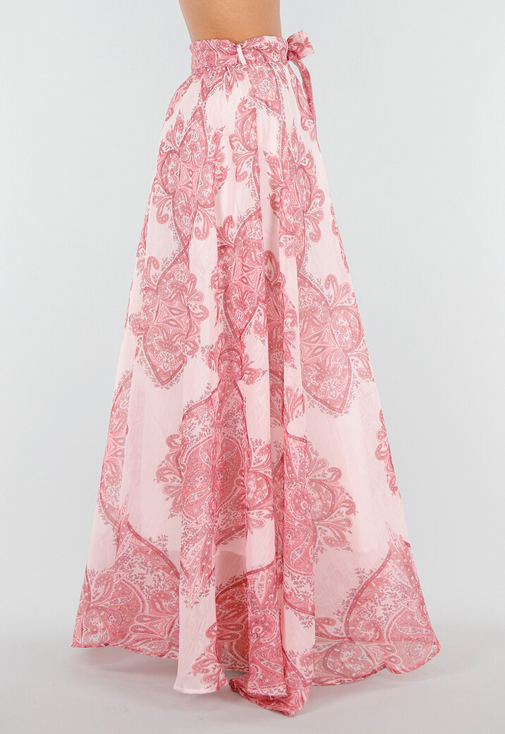 Roze Maxi Rok met Paisley Print en Strikceintuur