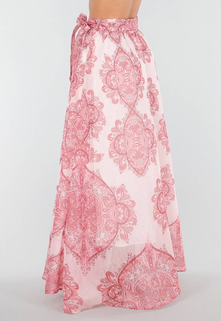 Roze Maxi Rok met Paisley Print en Strikceintuur