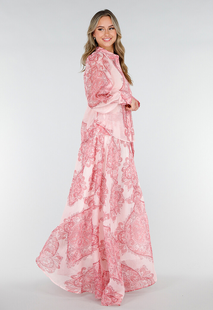 Roze Maxi Rok met Paisley Print en Strikceintuur