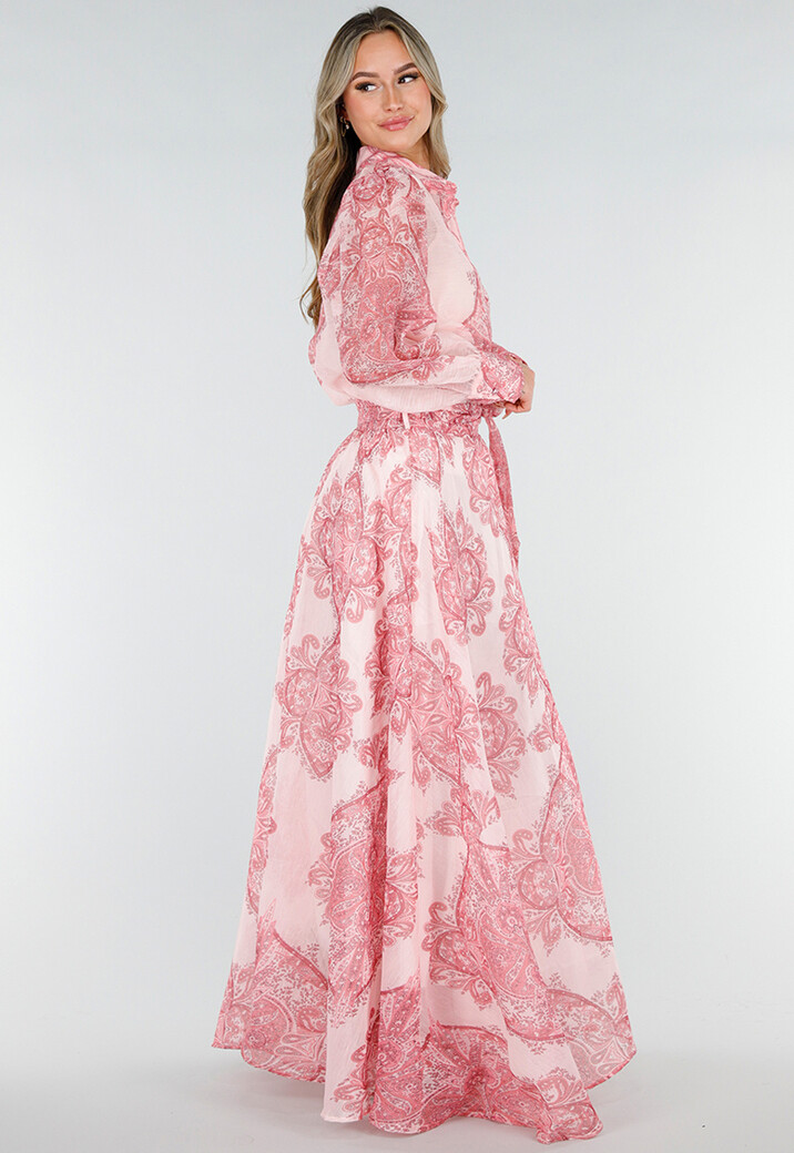 Roze Maxi Rok met Paisley Print en Strikceintuur