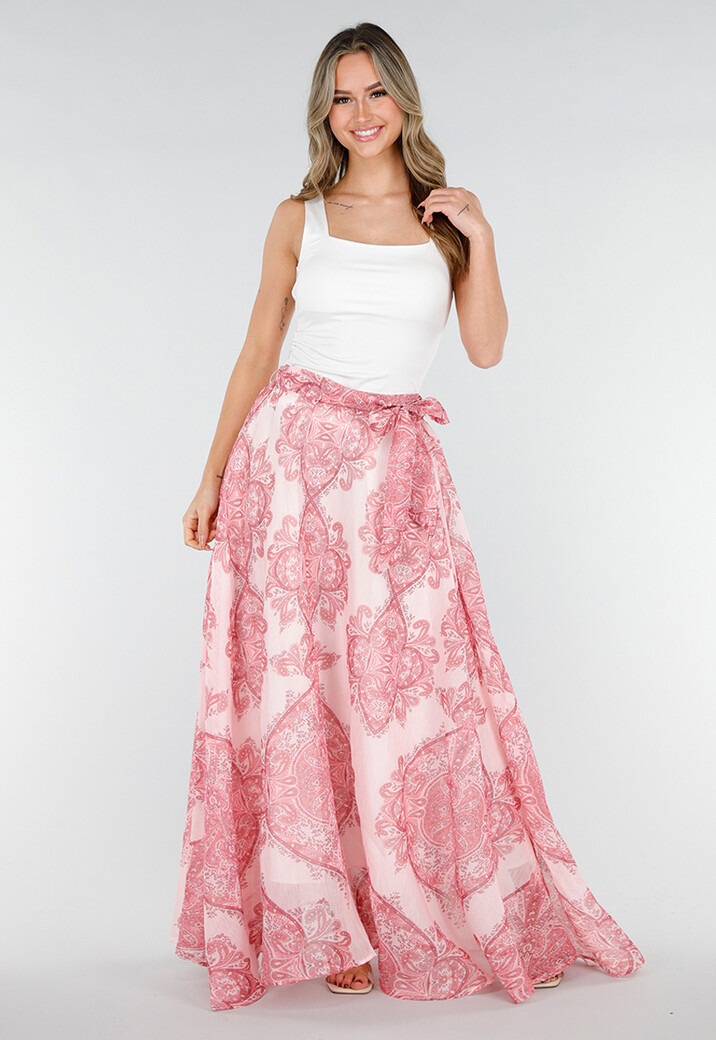 Roze Maxi Rok met Paisley Print en Strikceintuur