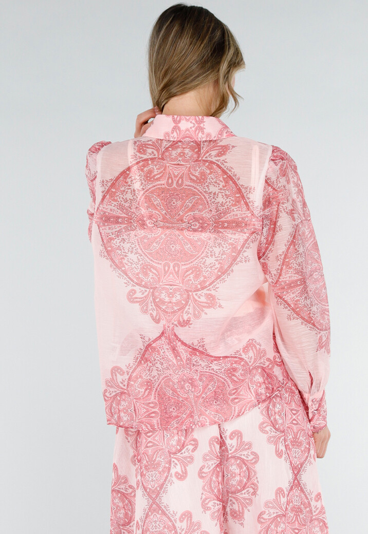 Roze Blouse met Paisley Print en Knopen