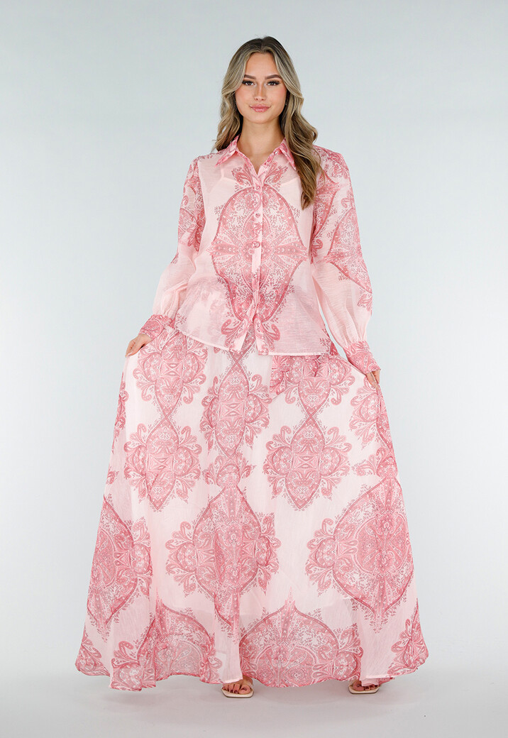Roze Blouse met Paisley Print en Knopen