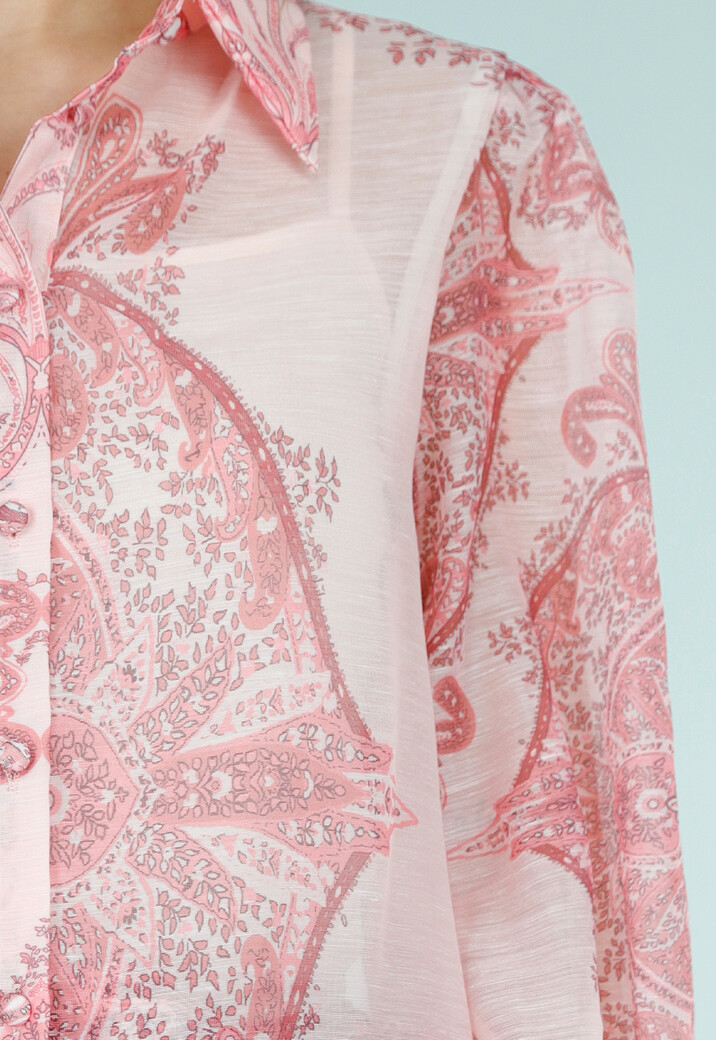 Roze Blouse met Paisley Print en Knopen