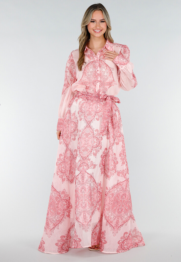 Roze Blouse met Paisley Print en Knopen