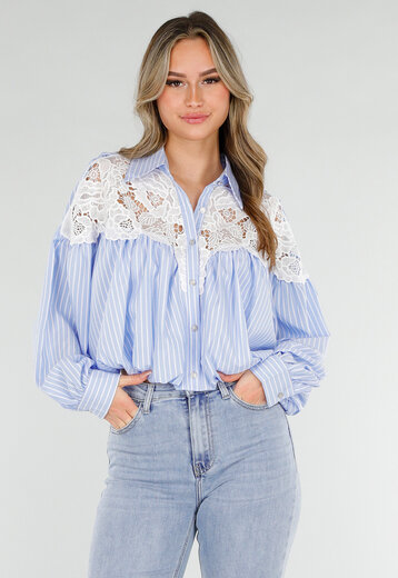 Blauwe Gestreepte Blouse met Kant