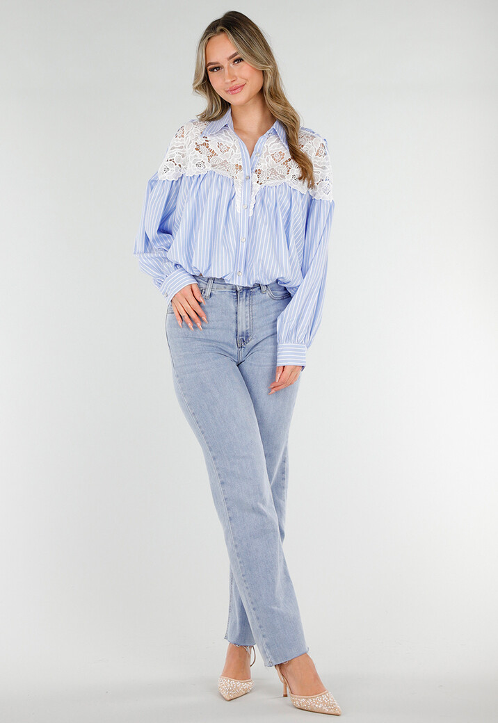 Blauwe Gestreepte Cropped Blouse met Kant