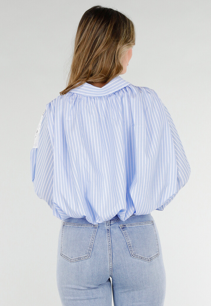 Blauwe Gestreepte Cropped Blouse met Kant