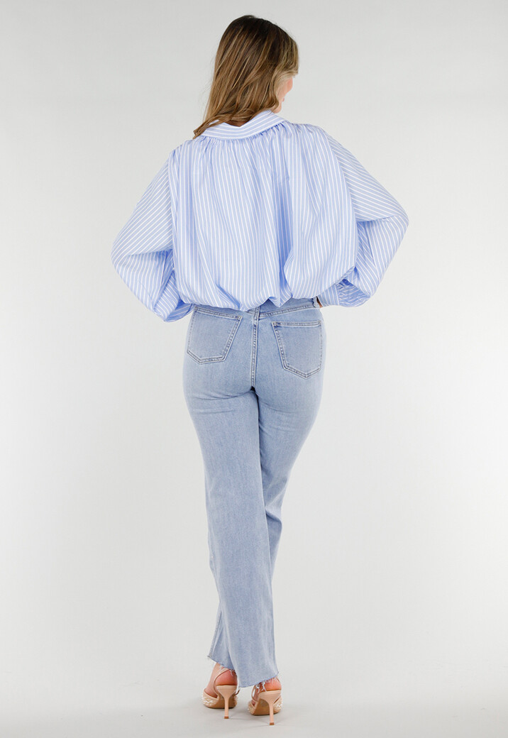 Blauwe Gestreepte Cropped Blouse met Kant