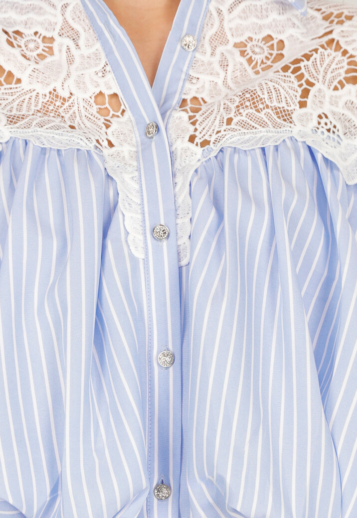 Blauwe Gestreepte Cropped Blouse met Kant