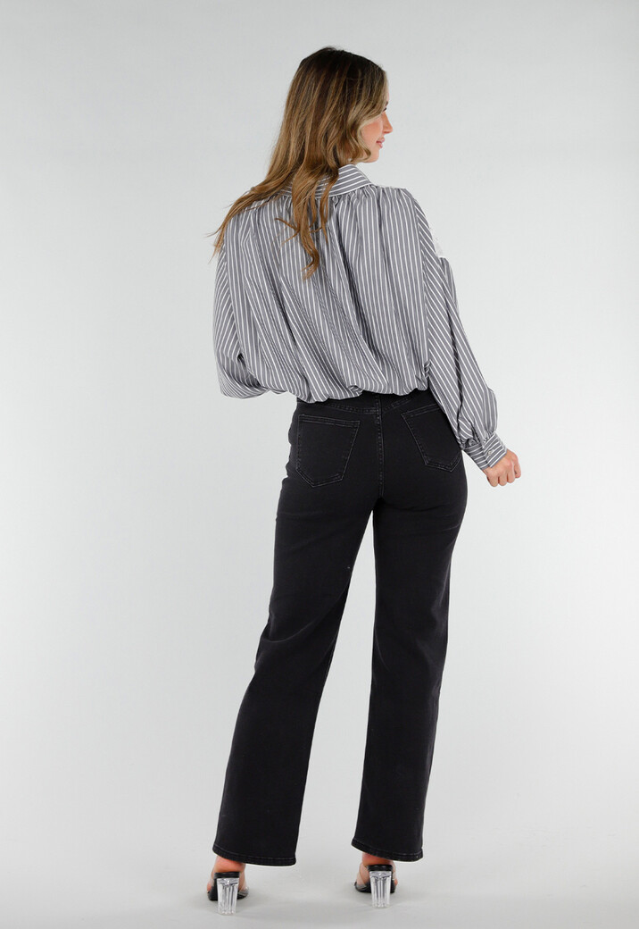 Zwarte Gestreepte Blouse met Kant en Strass Knopen