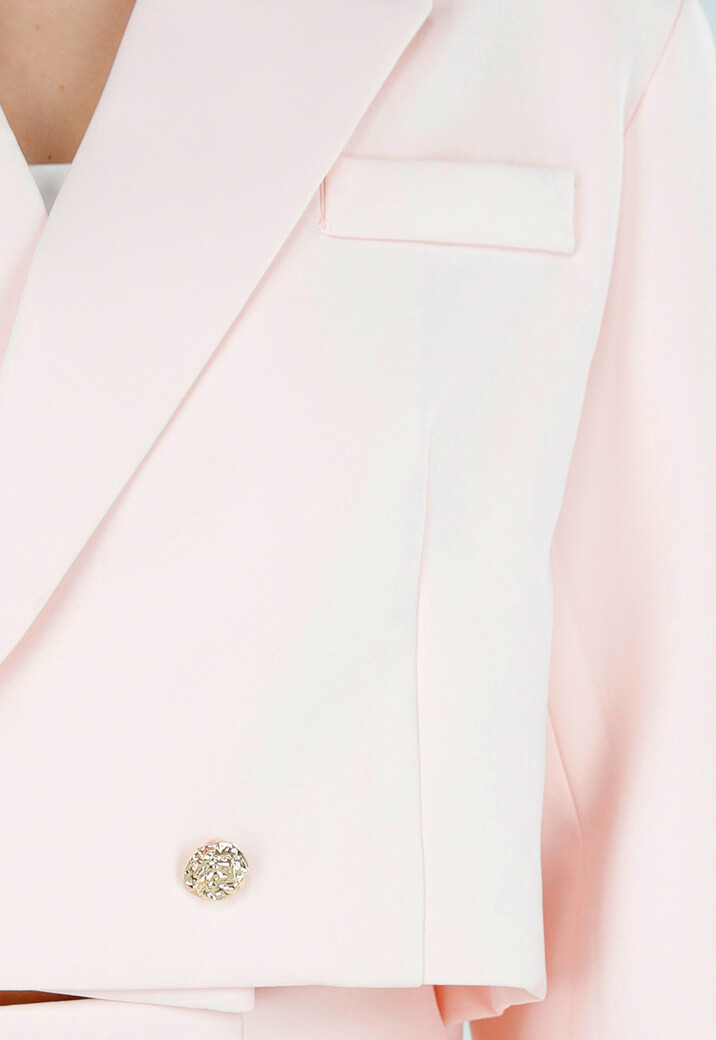 Lichtroze Cropped Blazer met Strass Knopen