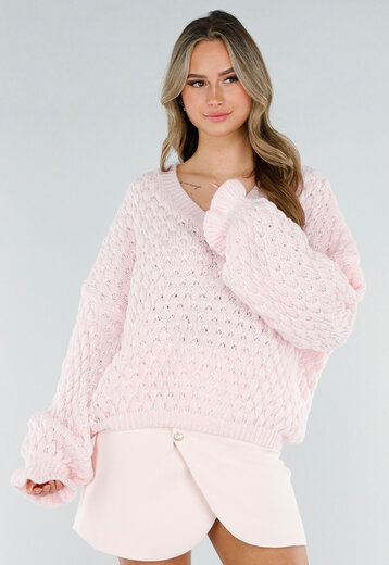 Lichtroze Gebreide Trui met V-Hals