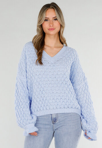 Lichtblauwe Gebreide Trui met V-Hals