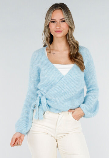 Lichtblauwe Wikkel Trui met Strikdetail