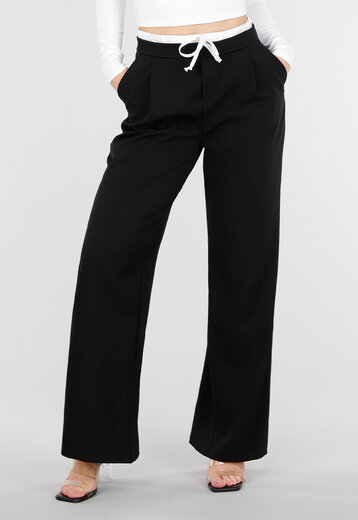 Zwarte Straight Leg Broek met Witte Tailleband