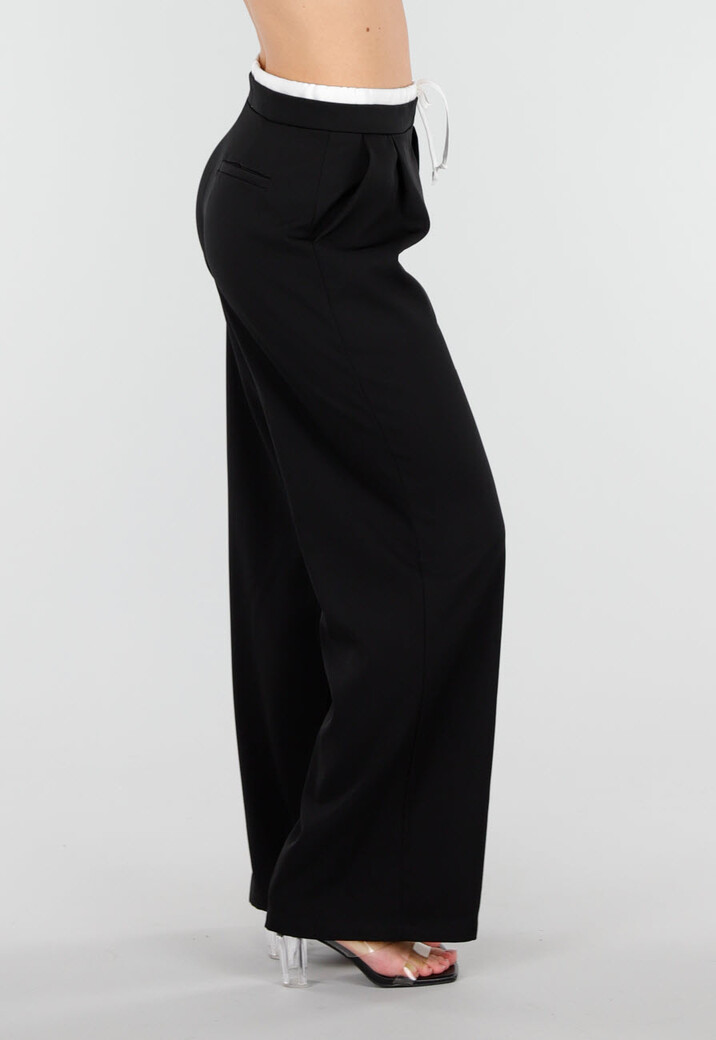 Zwarte Wide Leg Broek met Witte Tailleband en Strikdetail