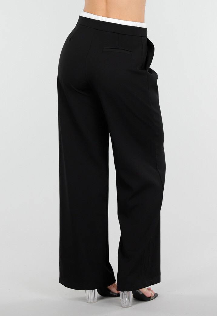 Zwarte Wide Leg Broek met Witte Tailleband en Strikdetail