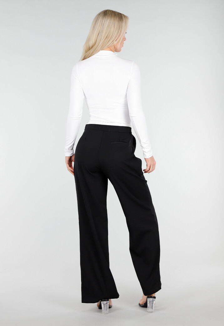 Zwarte Wide Leg Broek met Witte Tailleband en Strikdetail