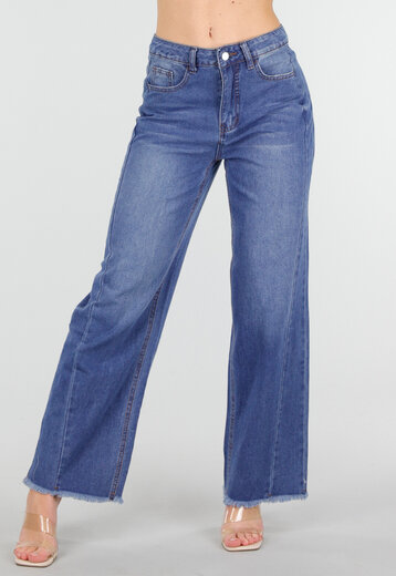Blauwe Wide Leg Jeans met Rafelige Zoom