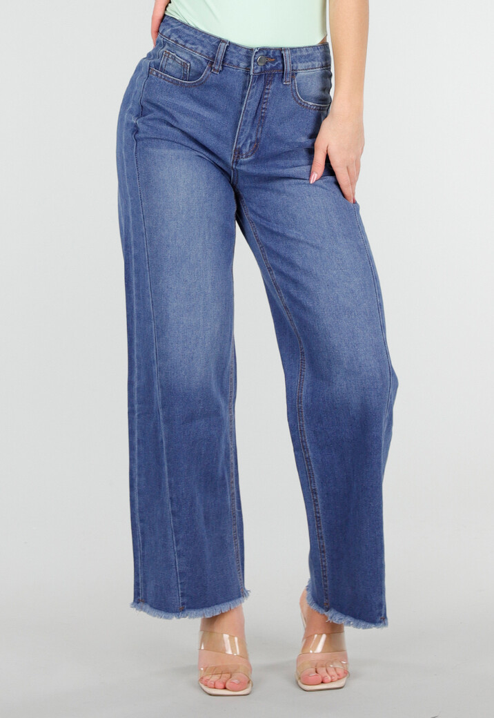 Blauwe High Waist Wide Leg Jeans met Subtiele Wassing en Rafelige Zoom
