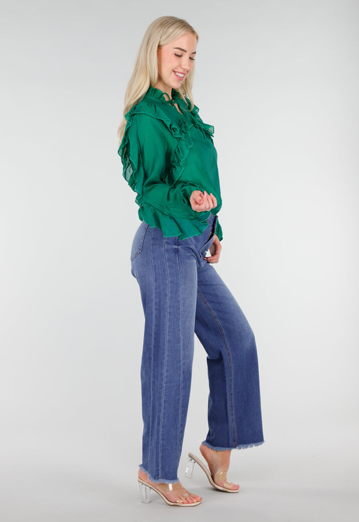 Blauwe High Waist Wide Leg Jeans met Subtiele Wassing en Rafelige Zoom