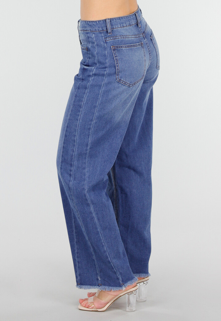 Blauwe High Waist Wide Leg Jeans met Subtiele Wassing en Rafelige Zoom