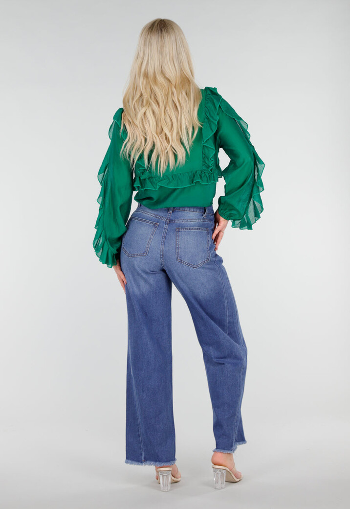 Blauwe High Waist Wide Leg Jeans met Subtiele Wassing en Rafelige Zoom