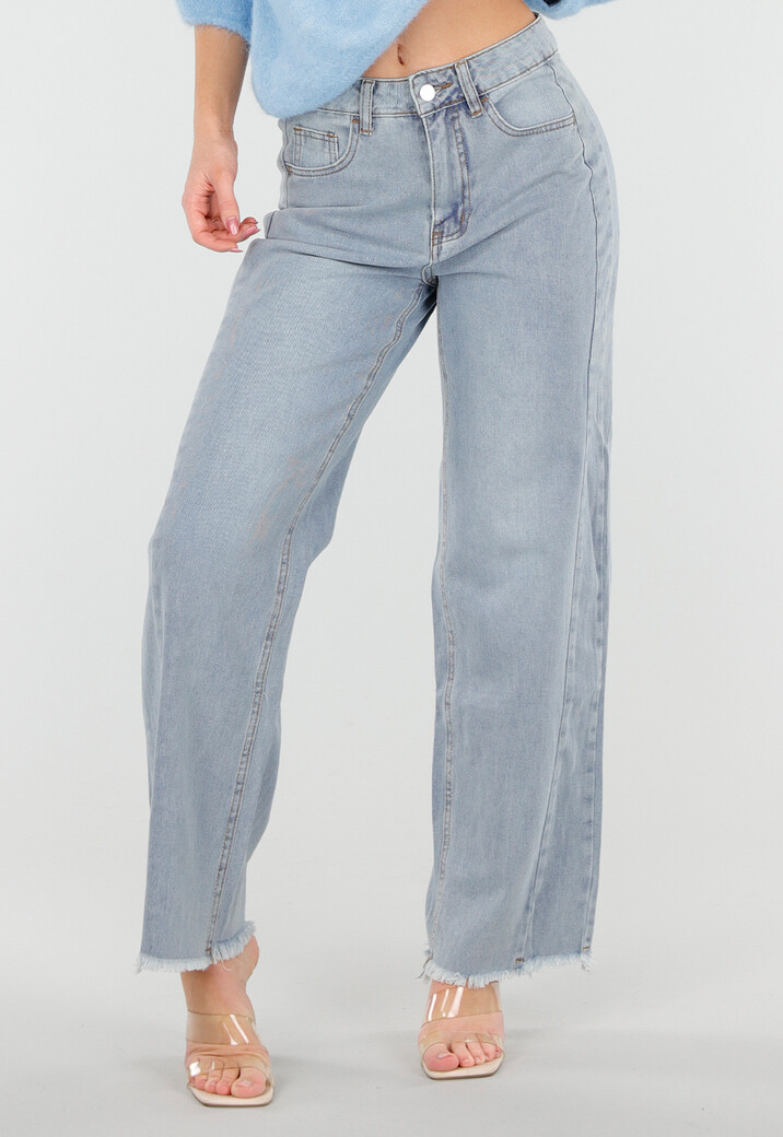 Lichtblauwe High Waist Wide Leg Jeans met Rafelige Onderkant