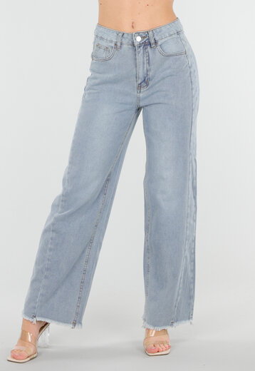 Lichtblauwe Wide Leg Jeans met Rafelige Zoom