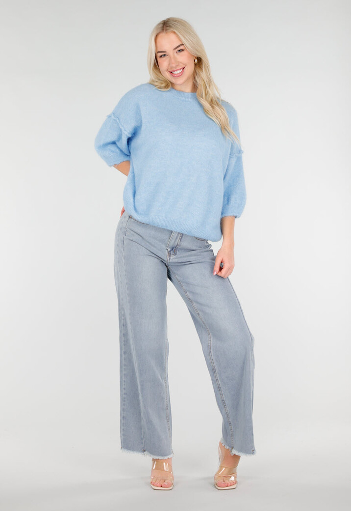 Lichtblauwe High Waist Wide Leg Jeans met Rafelige Onderkant